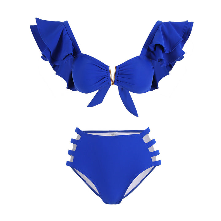 Dame bikini-sæt med voluminøse rynkede ærmer og luksuriøs guld-detajle Stilla