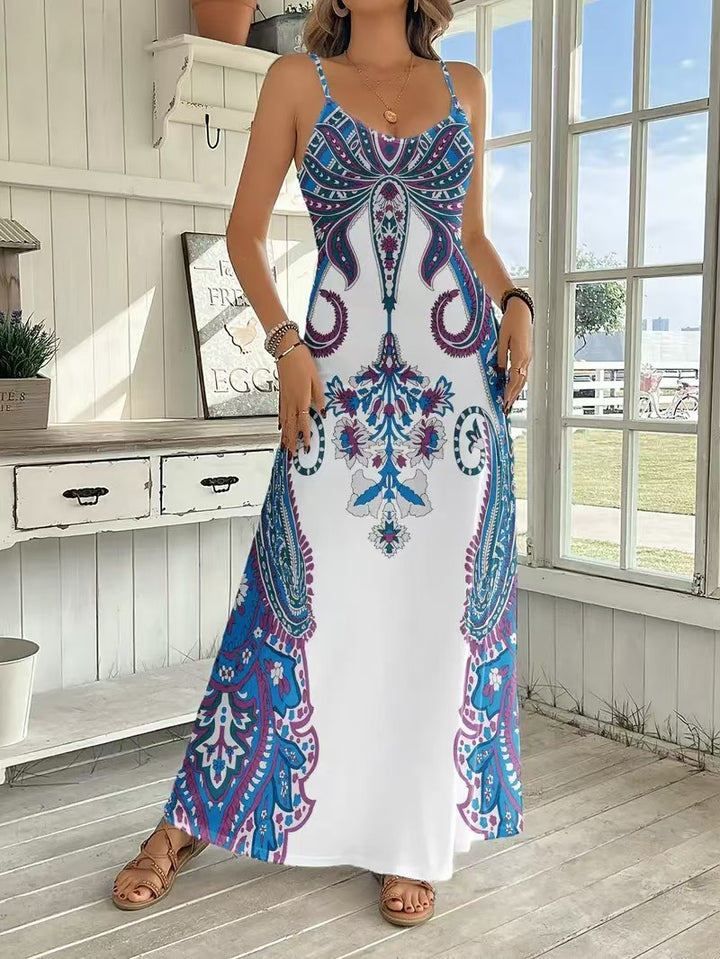 Dame Maxikjole med elegant blomsterdesign og smalle stropper Stilla