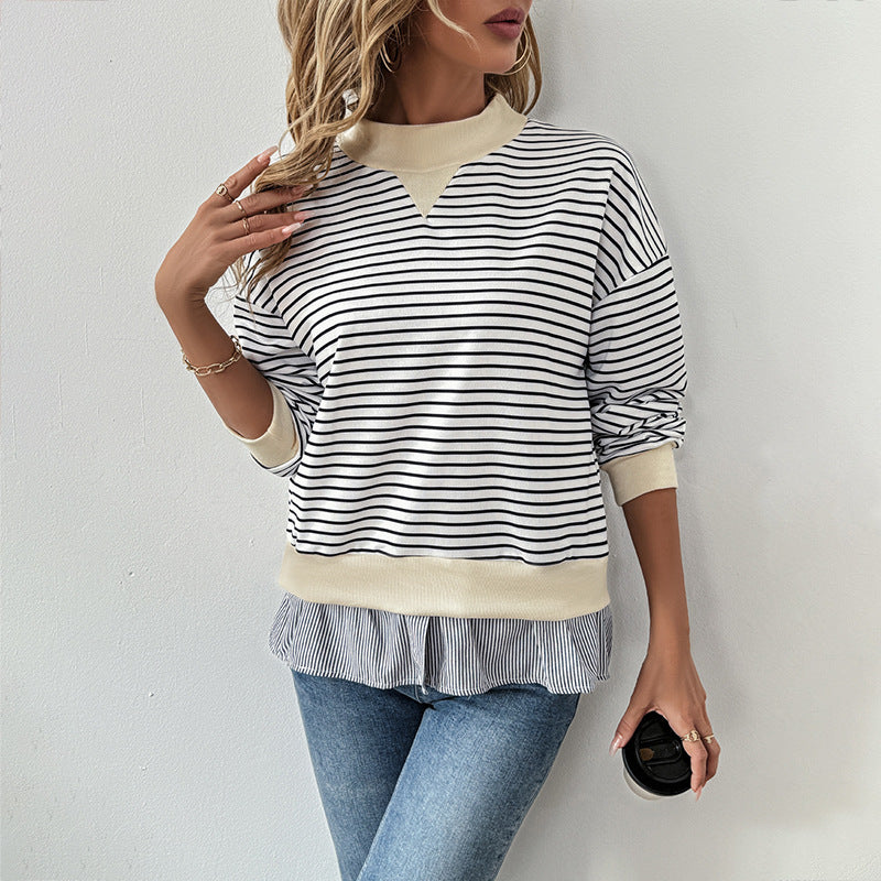 Kvindernes trendy sweatshirt med asymmetrisk stribemønster og flæse trim Stilla