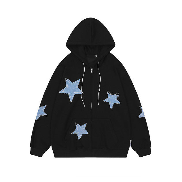 Femme Zip-Up Hætte-Sweatshirt med dekorative stjerne-applikationer Stilla