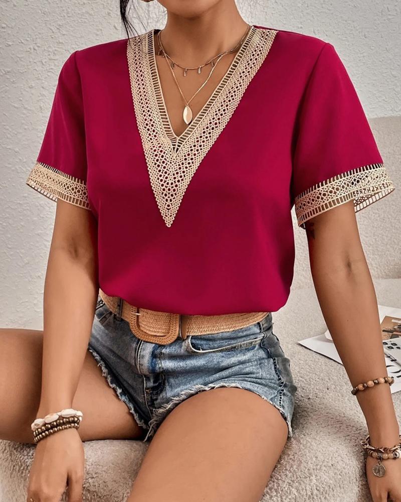 Dame elegant spids dekoreret V-hals bluse Stilla