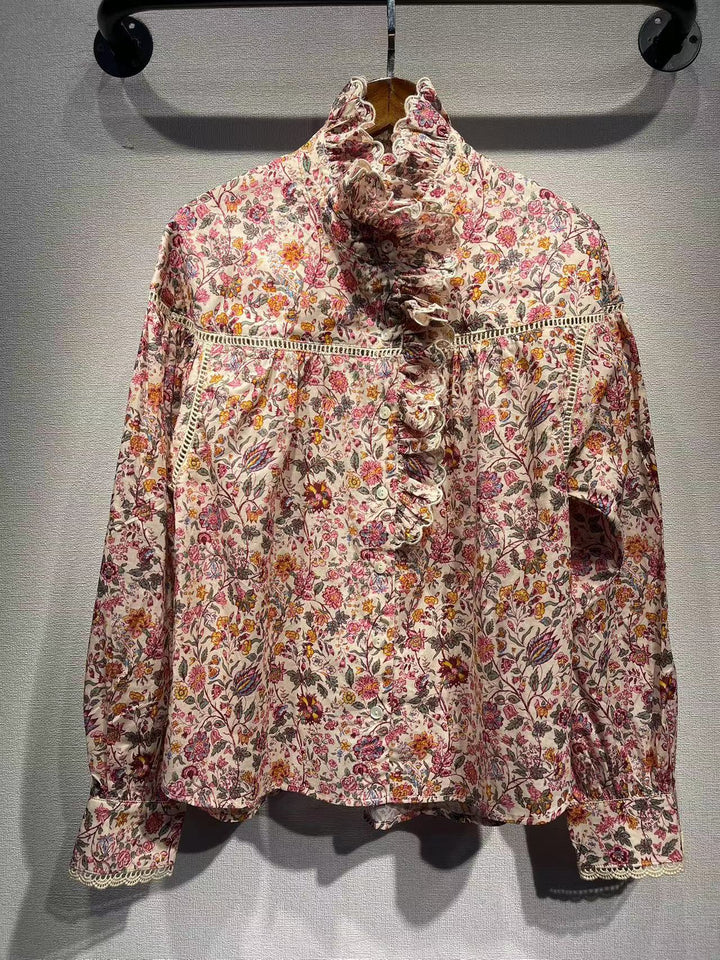 Dame Elegante Bluse med Ruffle detaljer og floral design Stilla
