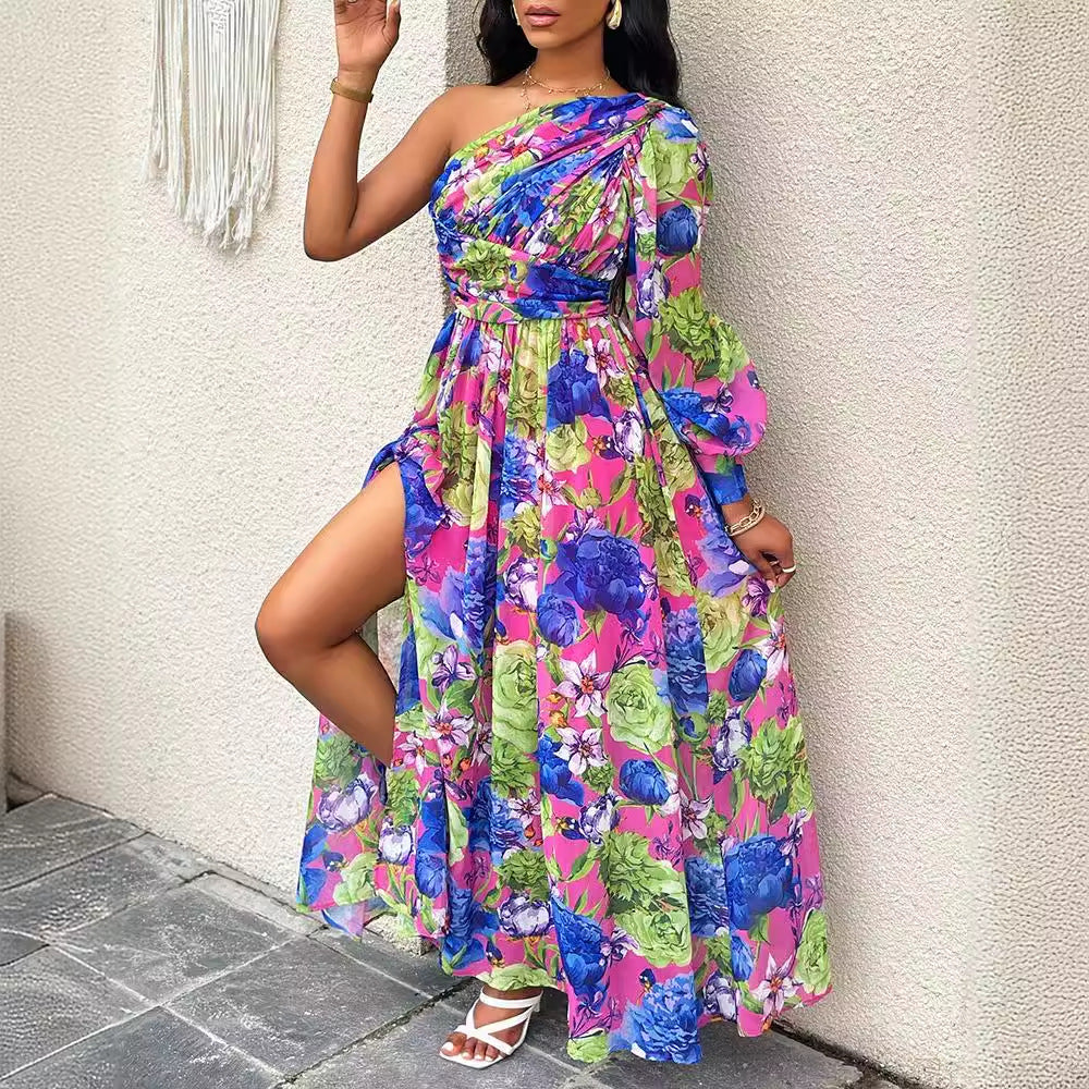 Dame Maxikjole med asymmetrisk snit og blomsterprint Stilla