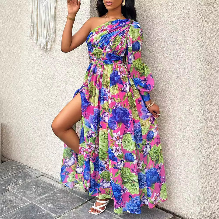 Dame Maxikjole med asymmetrisk snit og blomsterprint Stilla