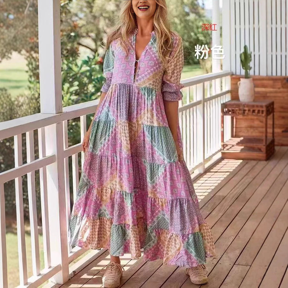 Dame Maxikjole i Boho-stil med flydende snit og patchwork-mønster Stilla