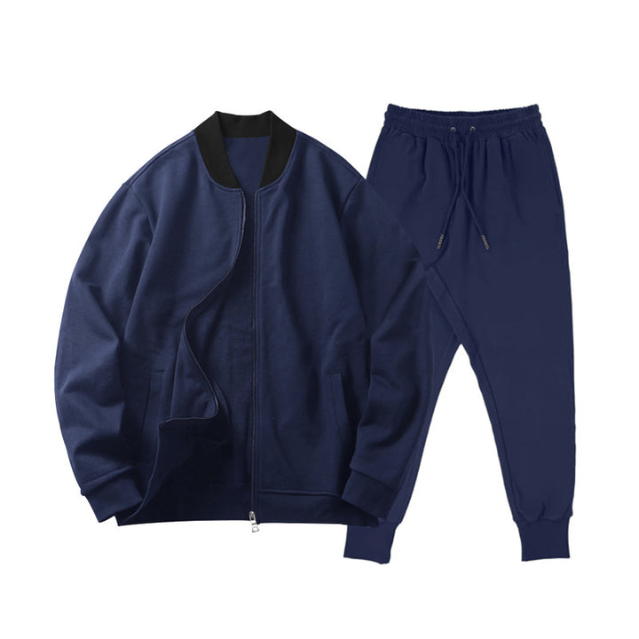 Herrer nan løst skåret sweatshirt sæt med lynlåset bomberjakke og konisk afsluttende joggingbukser i blød bomuldsfleece Skovae