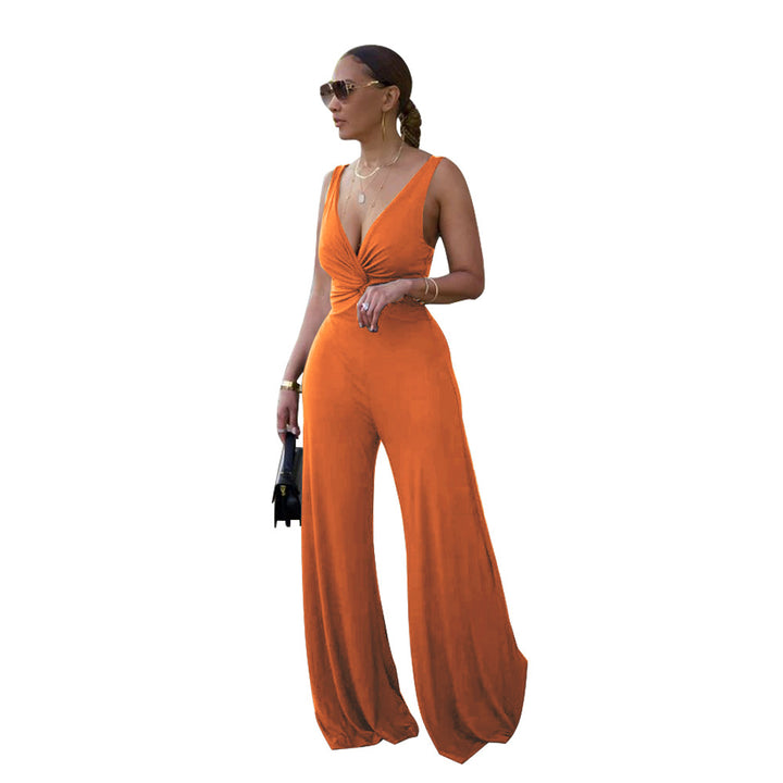 Dame elegant V-hals jumpsuit med bred ben og figursyet design Stilla