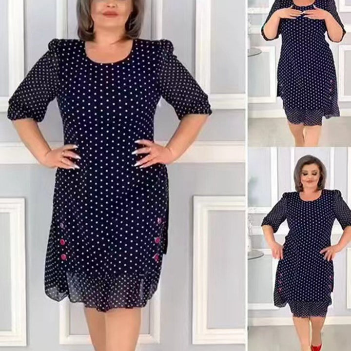 Dame nan Chiffon-Midi kjole med prikmønster, halvlange puffærmer, side blomsterbroderi og rynket volangkant Skovae