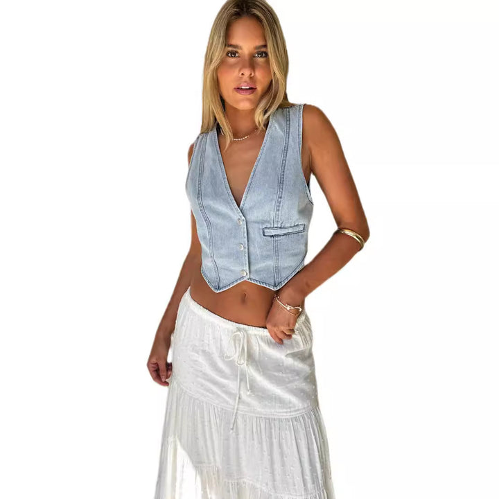 Dame jeans-vest med smal pasform og moderne snit Skovae