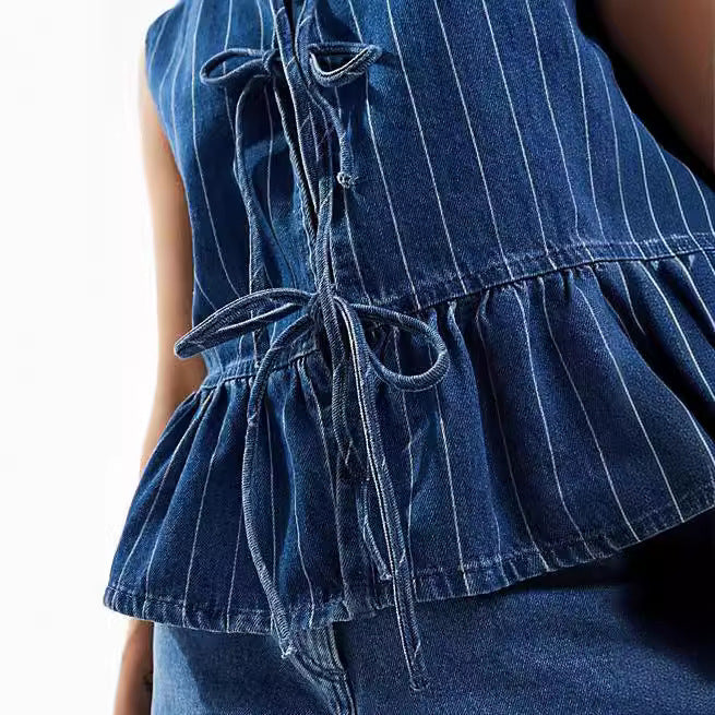 Femme Peplum Denim Vest med Bindebælte Stilla