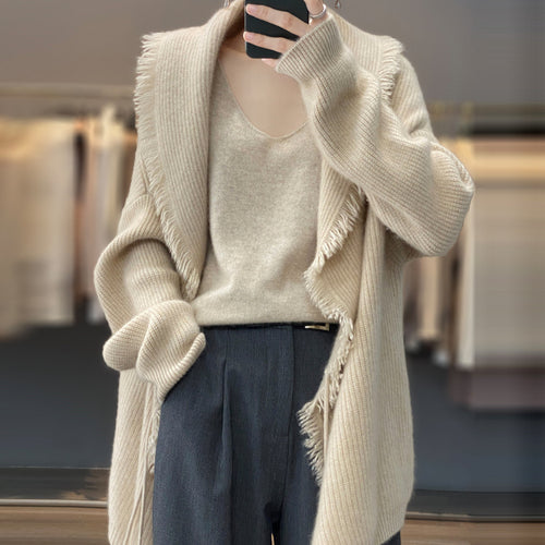Dame elegant struktureret strik-cardigan med frynse-detalje Stilla