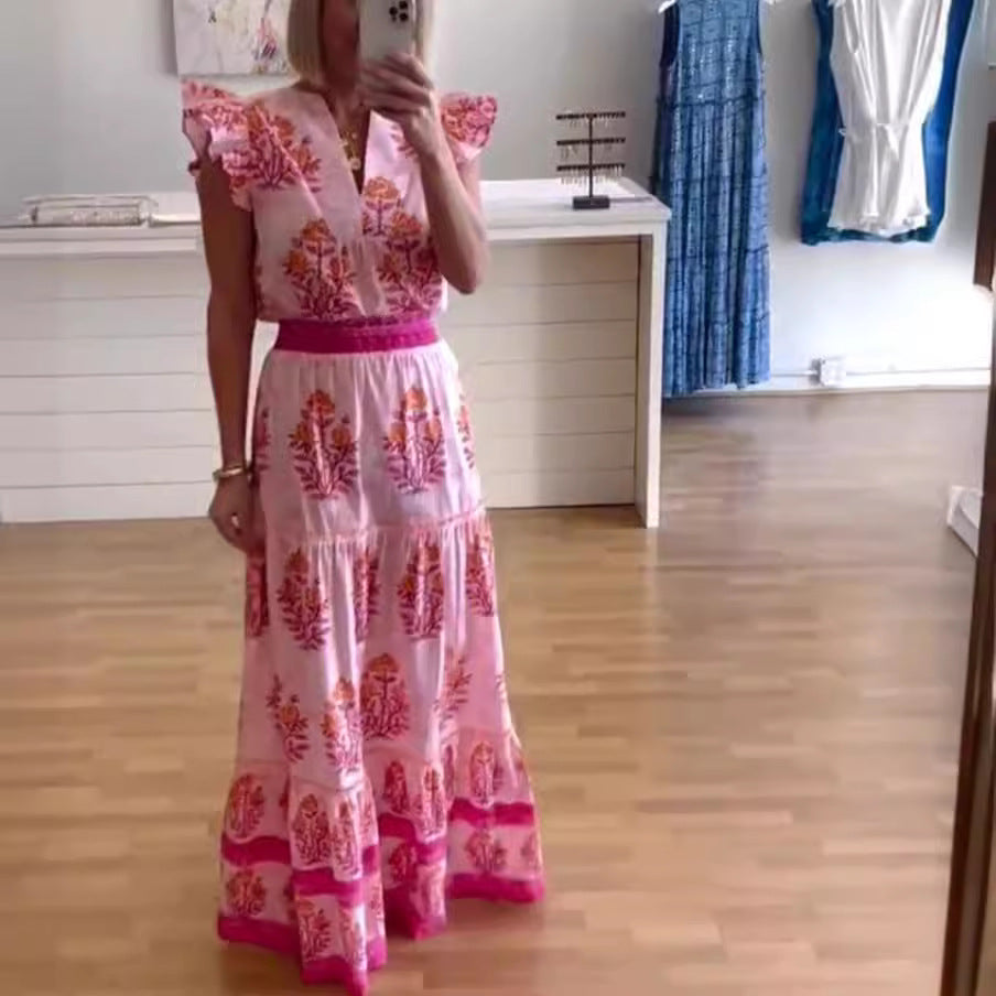 Dame Maxikjole med blomsterdesign og flæsedetaljer Stilla
