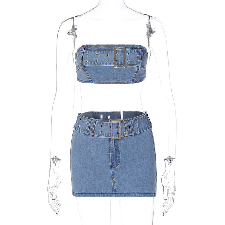 Dame Denim Sæt med åben top og miniskørt Stilla