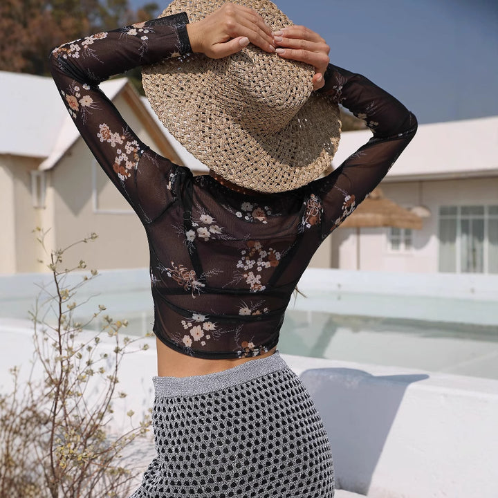 Dame elegant let mesh-top med blomster mønster Skovae
