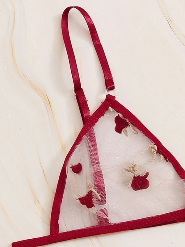 Dame Blomsterbroderi Mesh Bralette og String Sæt Stilla