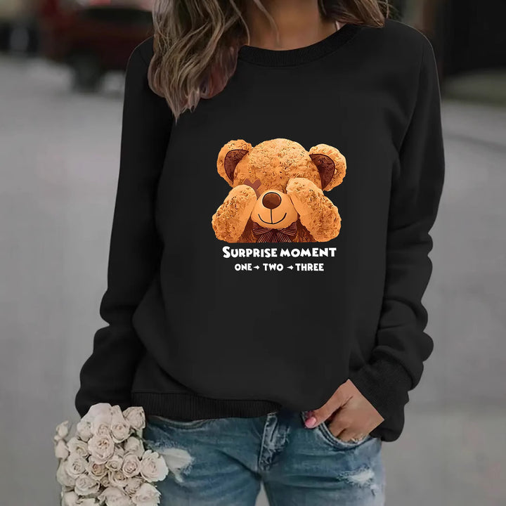 Dame sweatshirt med sødt bjørnedesign og moderne bogstaver Skovae