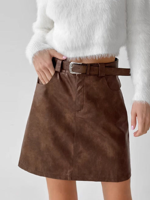 Damer Kunstlæder Mini nederdel med elegant taljebånd og praktiske lommer Stilla
