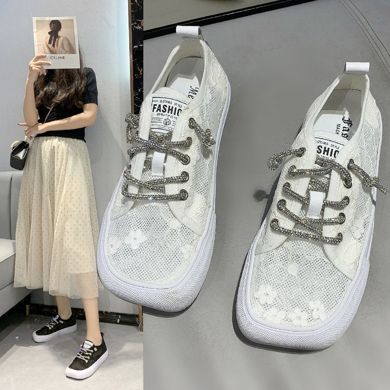 Dame mode sneakers med elegant spidse mønster og glitrende snørebånd Stilla