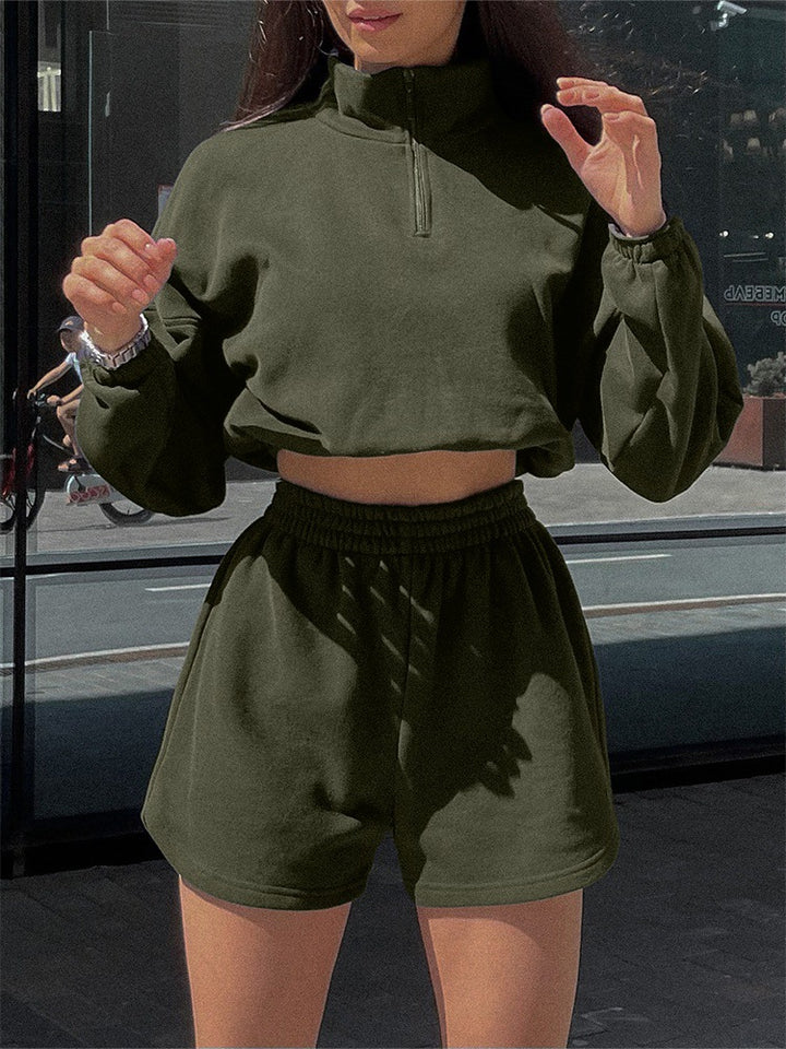 Kvinders sporty cropped top og shorts sæt med lynlås og elastisk talje
