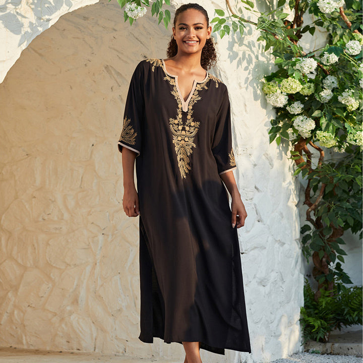 Dame Maxi-Kaftan med elegant guldbroderi Stilla