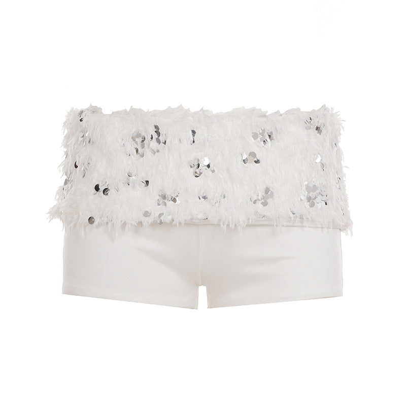 Dame smart top og shorts sæt med glitrende pailletter og dekorative fjer Skovae
