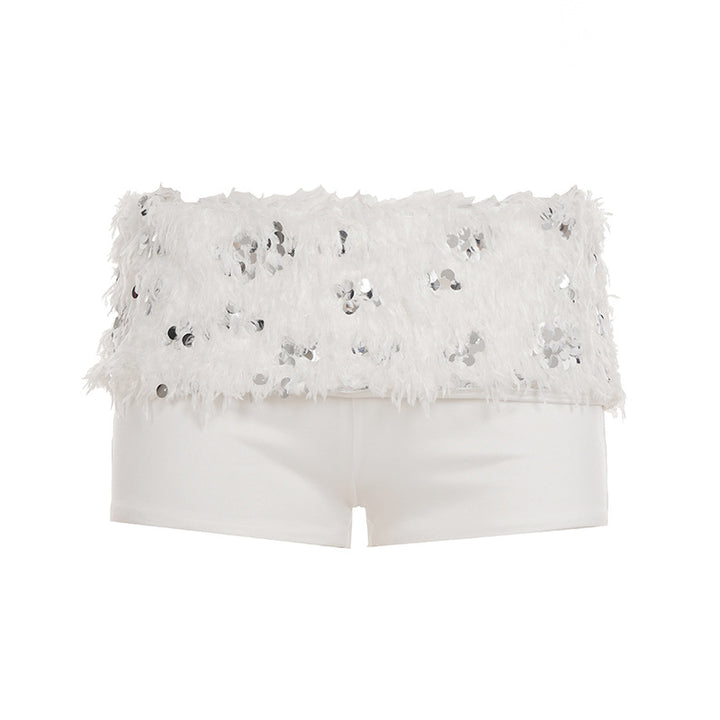 Dame smart top og shorts sæt med glitrende pailletter og dekorative fjer Skovae