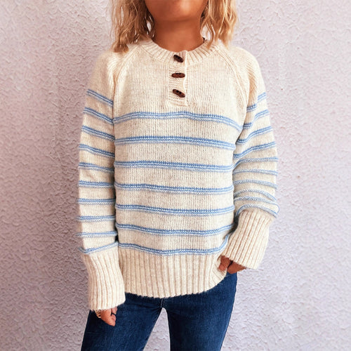 Kvinder mønstrede strikkede sweater med knapdetaljer og vid hals Stilla
