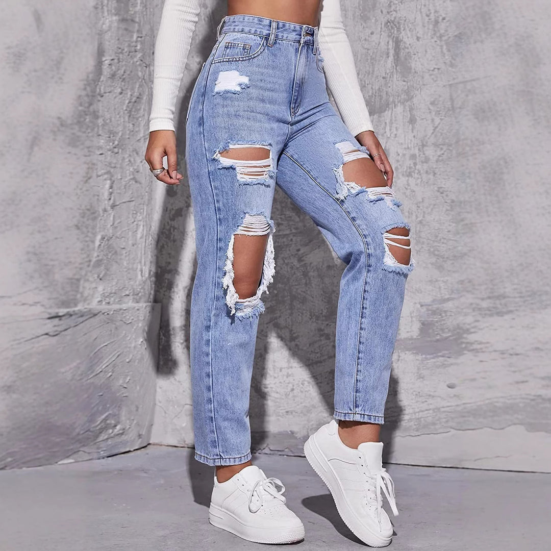 Dame High-Waist Ødelagte Jeans i moderne Relaxed-Fit-stil Stilla