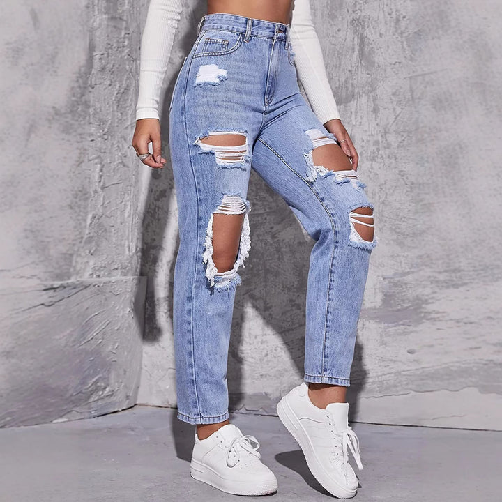 Dame High-Waist Ødelagte Jeans i moderne Relaxed-Fit-stil Stilla