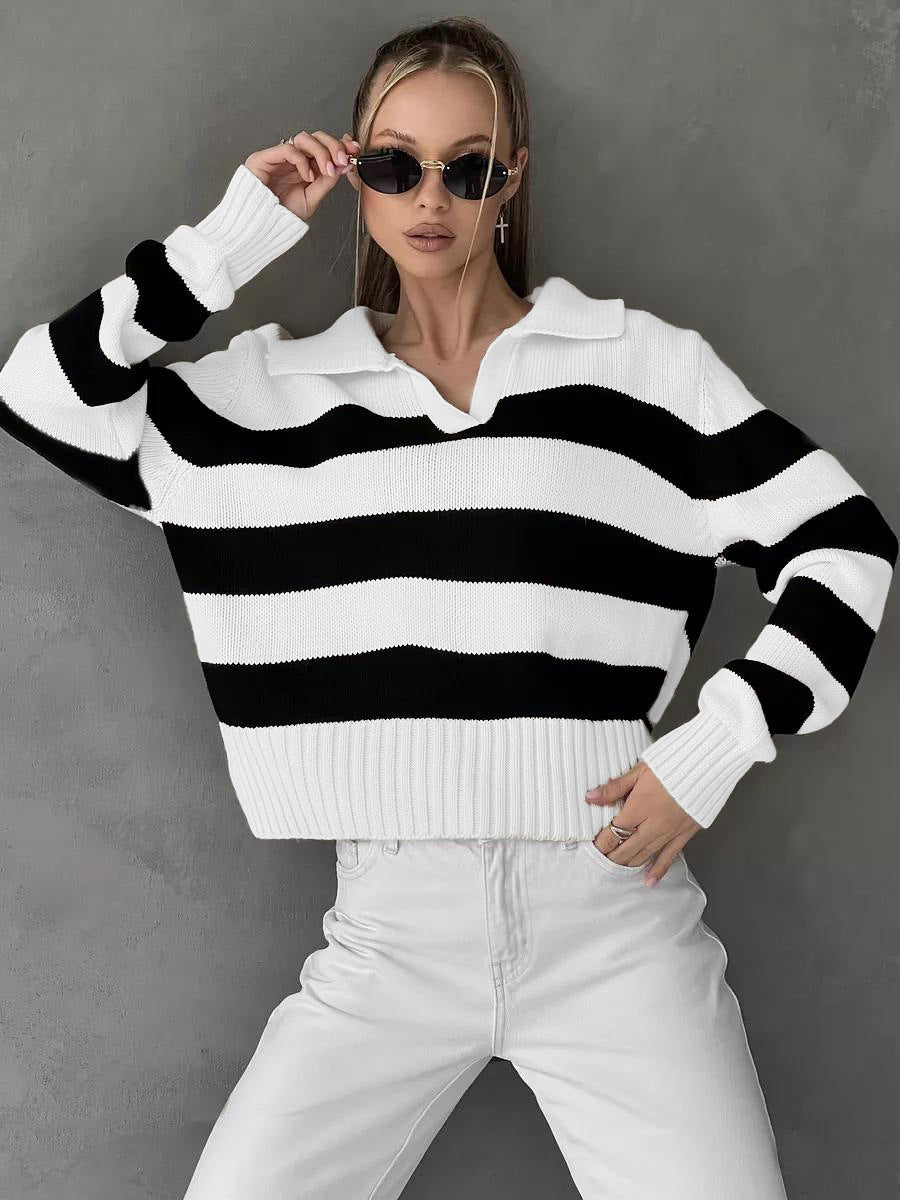 Kvinders afslappede sweater med V-hals og brede striber Stilla