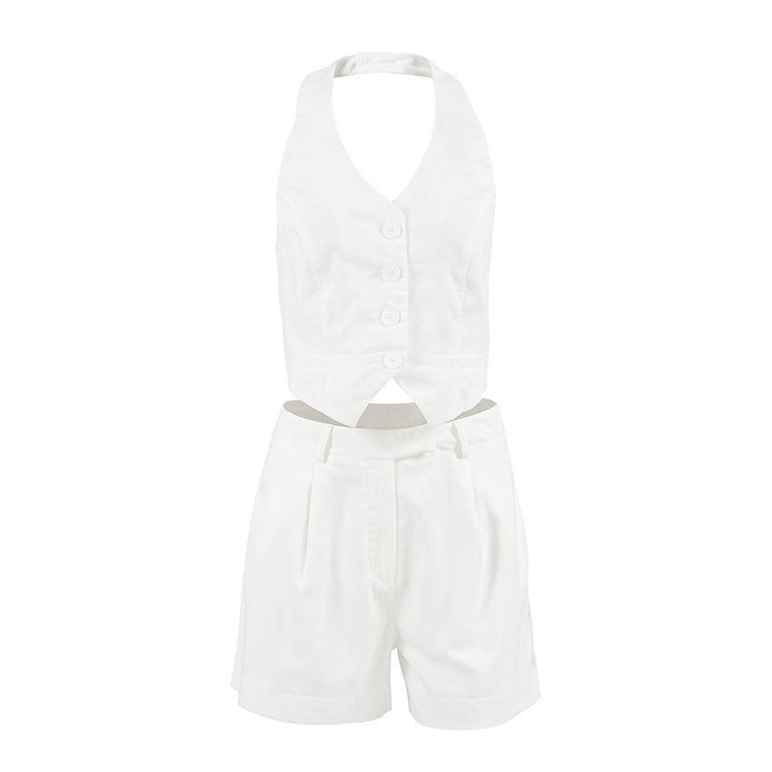 Damer sommerligt Crop-Top og shorts sæt med elegante knapdetaljeringer Stilla