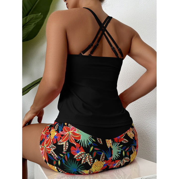 Dame Sporty Badetøjssæt med krydsrygdesign og blomsterprint Skovae