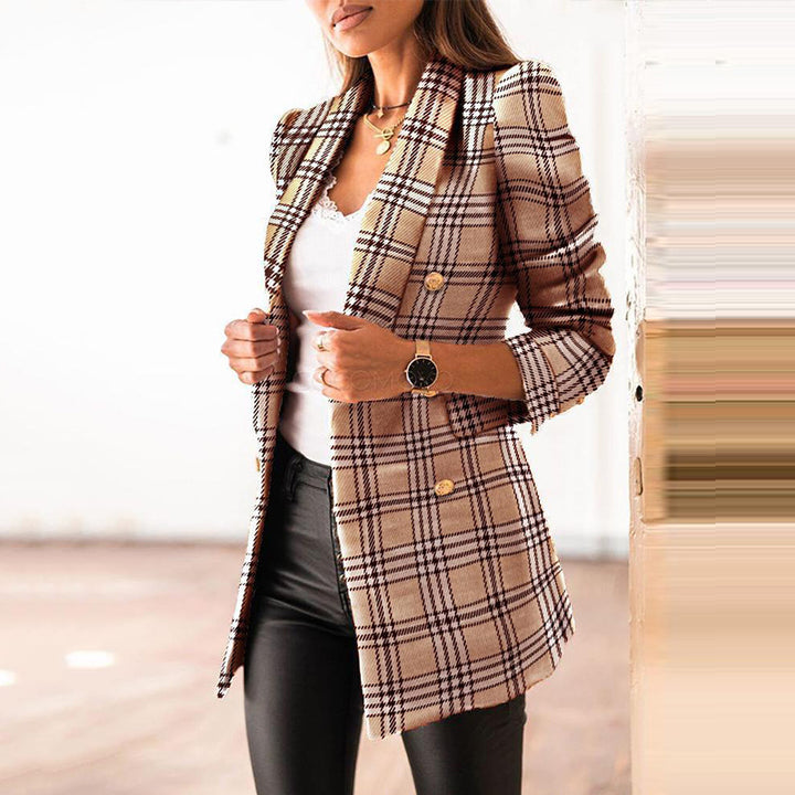 Dame Elegant Tweed Blazer med dobbelt knaplukning og moderne puffærmer Stilla