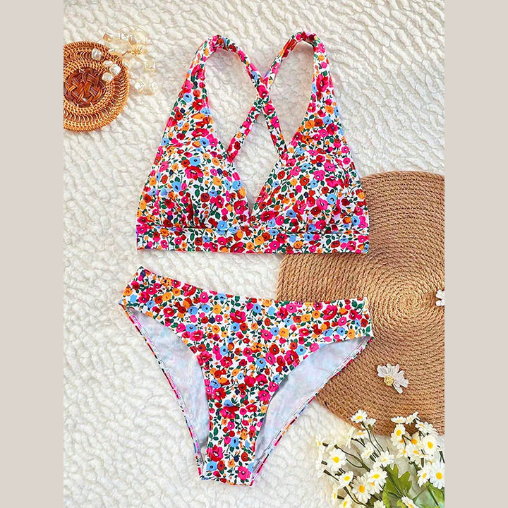 Dame To-delt Bikini-sæt med dyb V-hals og blomsterdesign Skovae