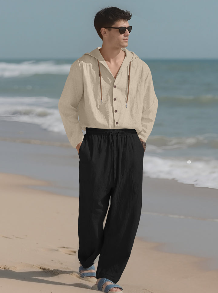 Herrer nan fritids-hoodie med gennemgående knaplukning, dekorativ snor og afslappet snit Skovae