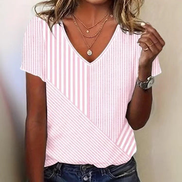 Dame nan striped V-neck blouse with asymmetric stripe mix and short sleeves Skovae
