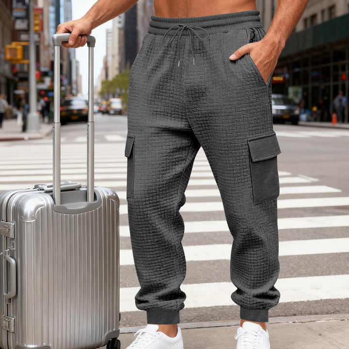 Herrer med vaffelstruktur cargobukser i joggingstil med klaplommer og elastisk talje Skovae