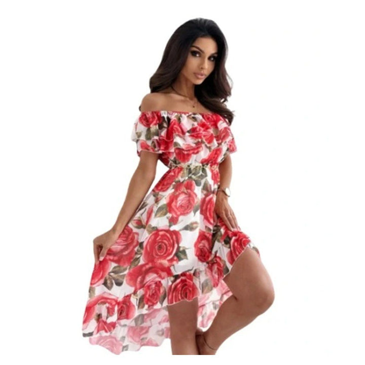 Dame Off-Shoulder Floral Midi Kjole med Rynkebund Stilla