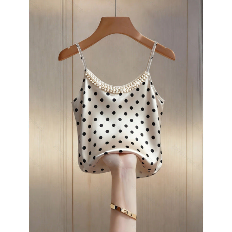 Dame satin top med dekorative perledetaljer Skovae