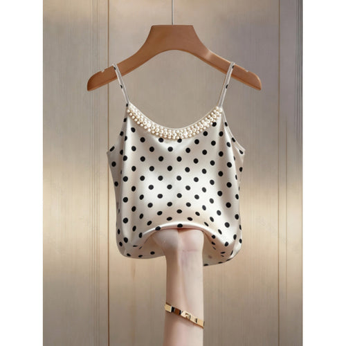 Dame satin top med dekorative perledetaljer Skovae