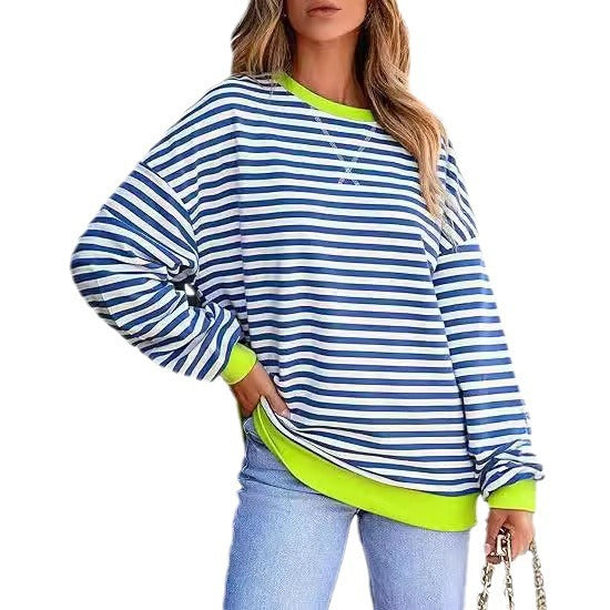 Dame stribet sweatshirt med farvematchende kant og afslappet snit Stilla