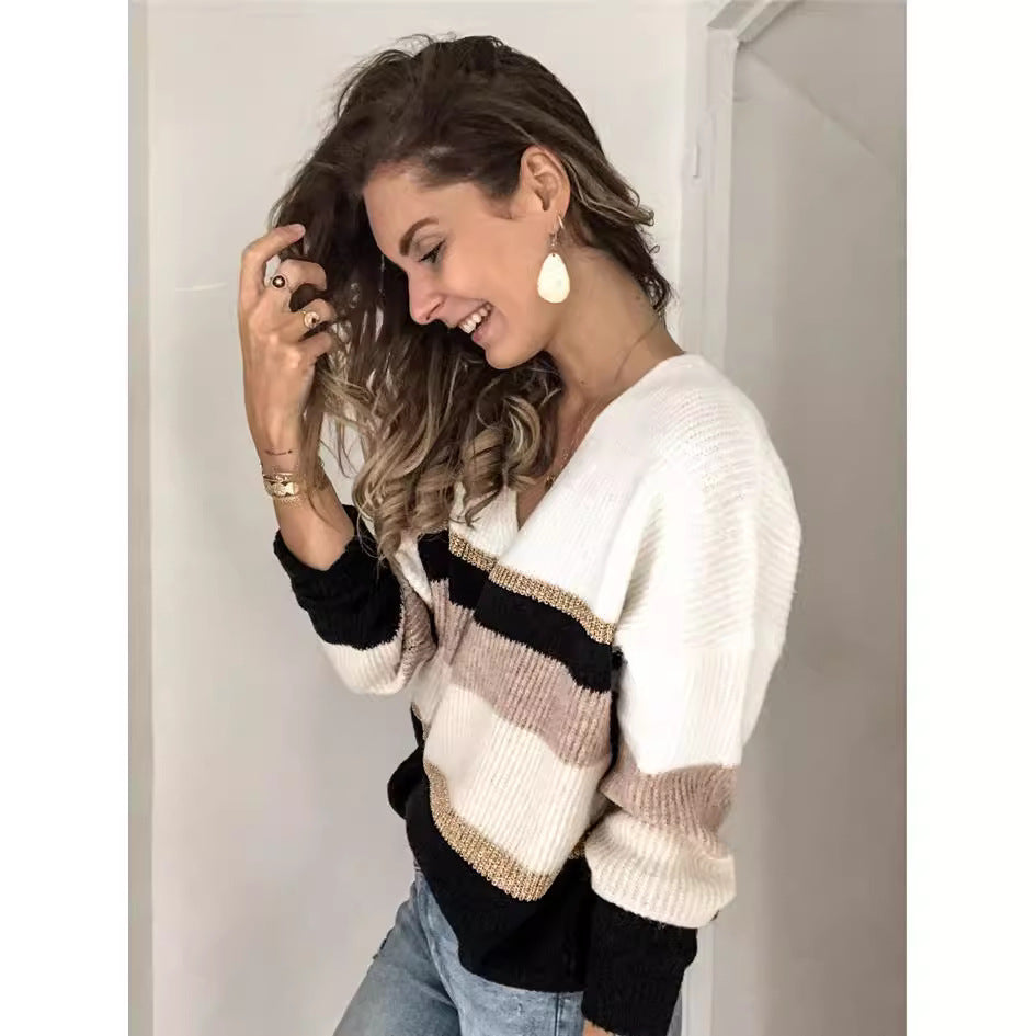 Dame Grovstrik sweater med V-hals og fashionable blokstriber Stilla