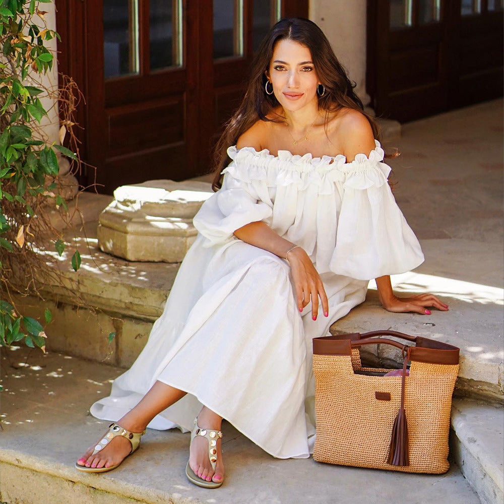 Dame Off-Shoulder Sommerkjole med Flæse Detaljer Stilla