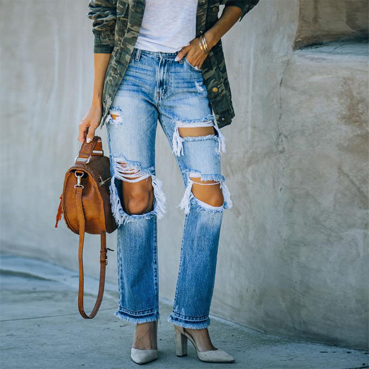 Dame Destroyed Jeans i afslappet Boyfriend-snit med frynse-detaljer Stilla