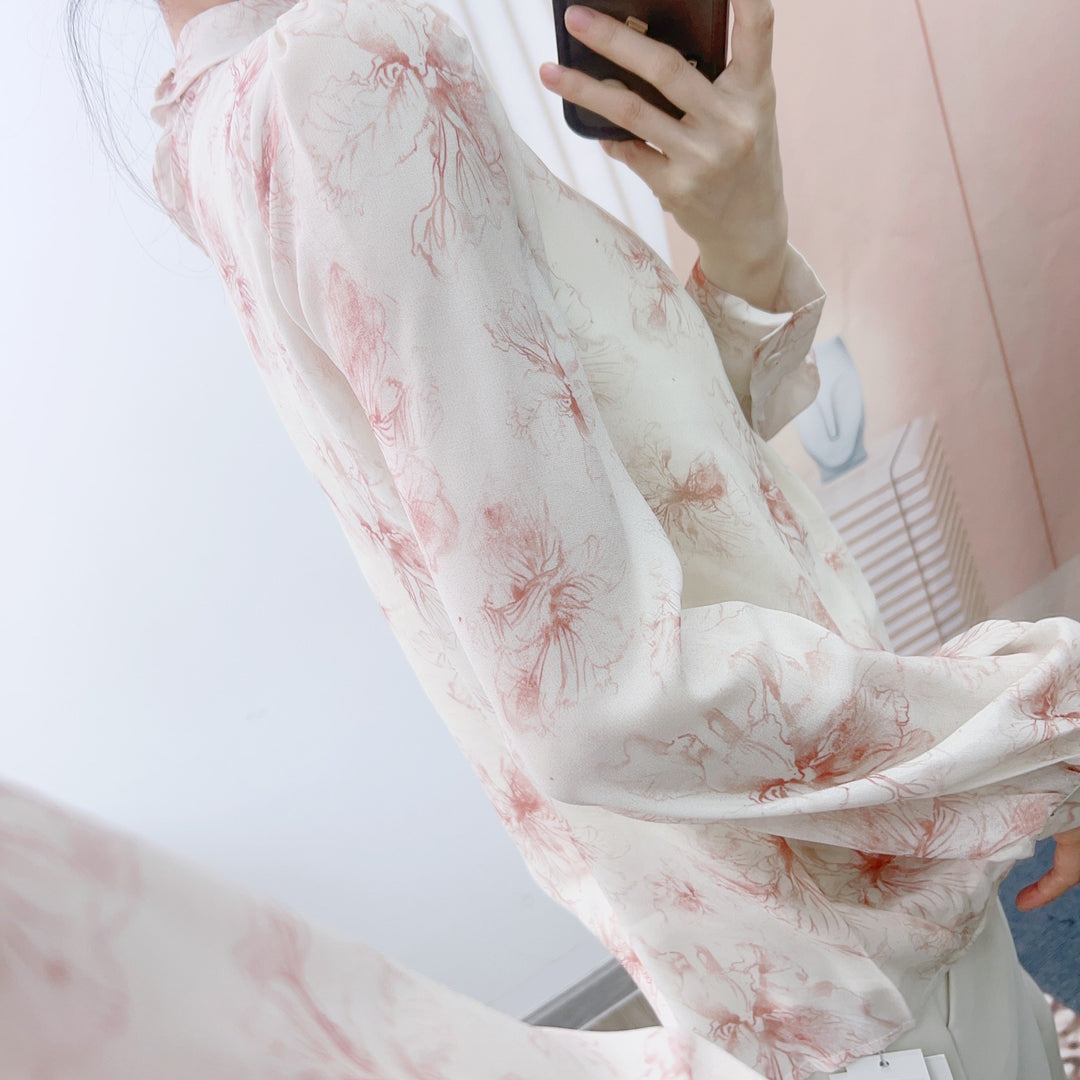 Dame Elegant Bluse med florale mønstre og høje volangdetaljer Stilla
