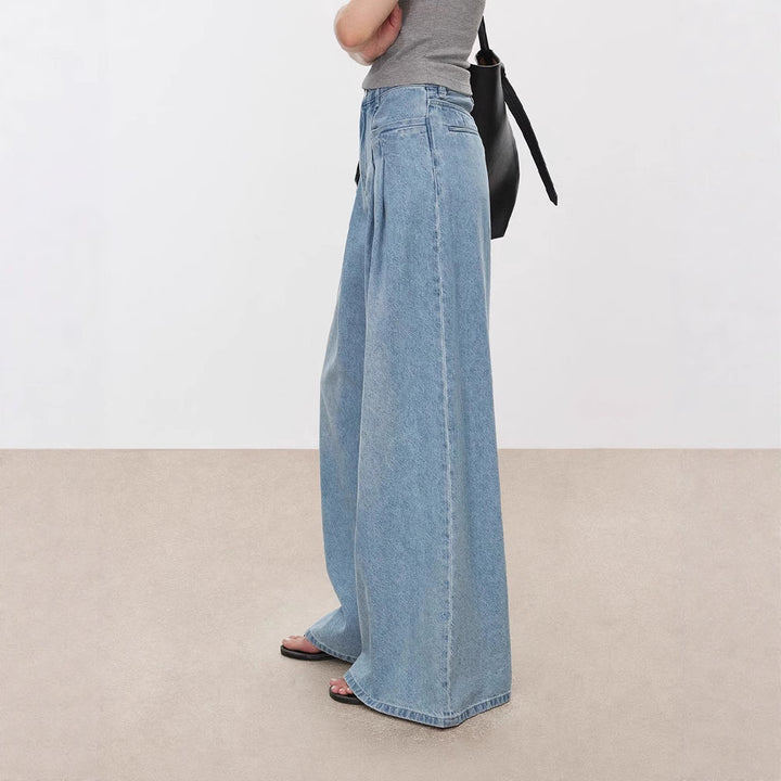 Dame vidde High-Waist Jeansbukser med elegant fold og åndbart denim Stilla