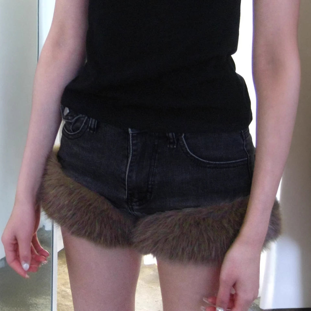 Dame jeans shorts med luksuriøs kunstpels kant Skovae