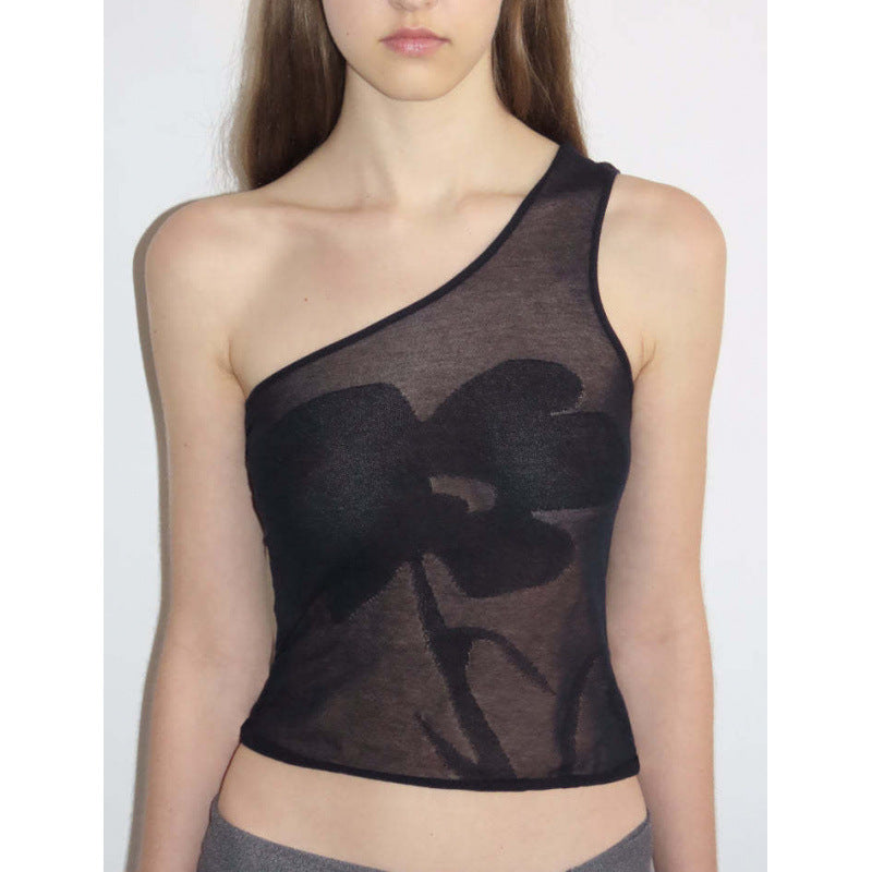 Dame Transparent En-Skulder Blommetop Stilla