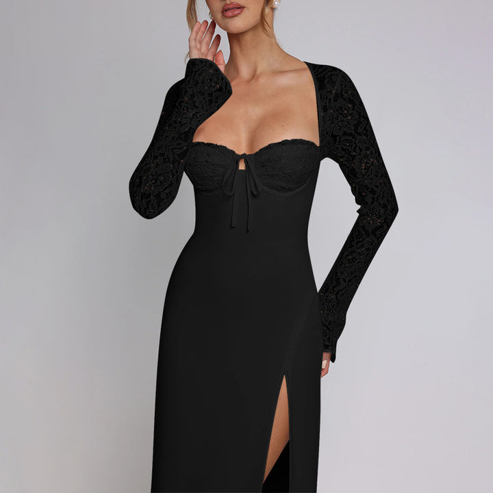 Dame Elegant Aftenkjole med dyb slids og transparente spidsærmer Stilla
