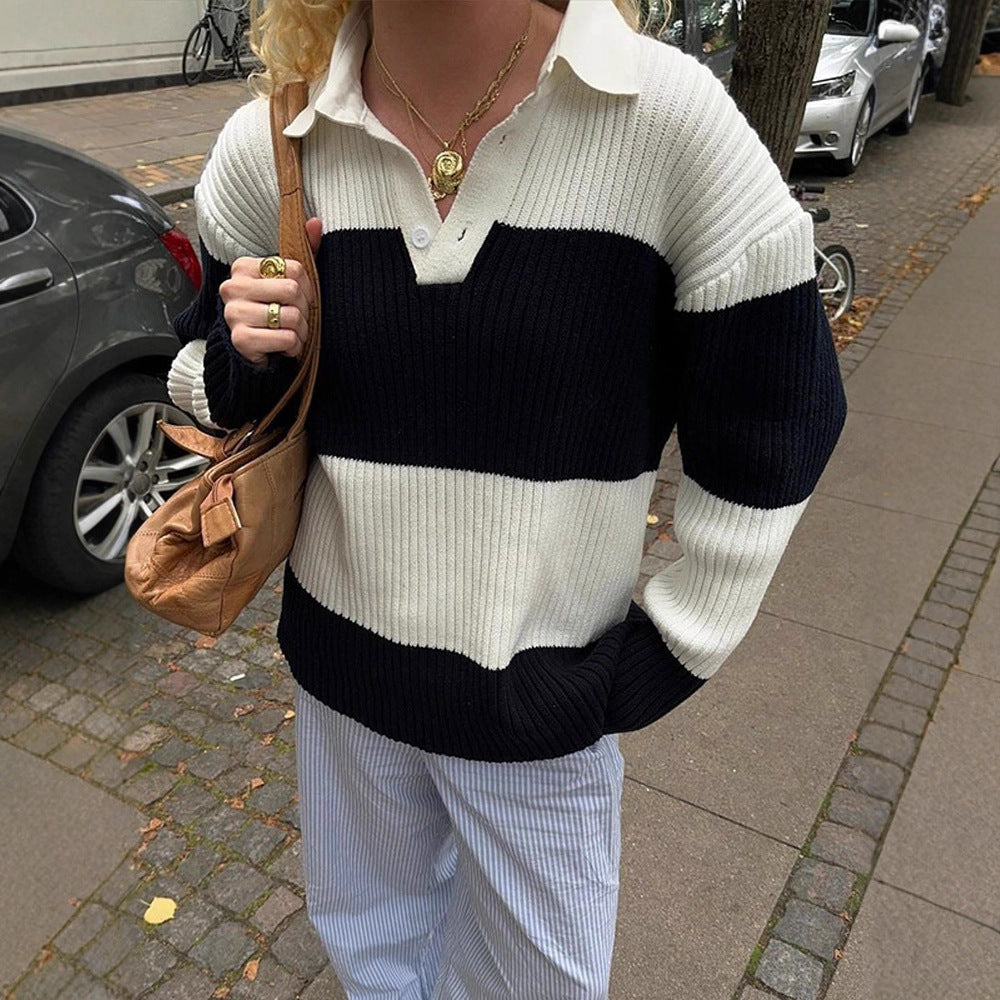 Damer Sporty Pullover med Krave og Blokstriber Stilla